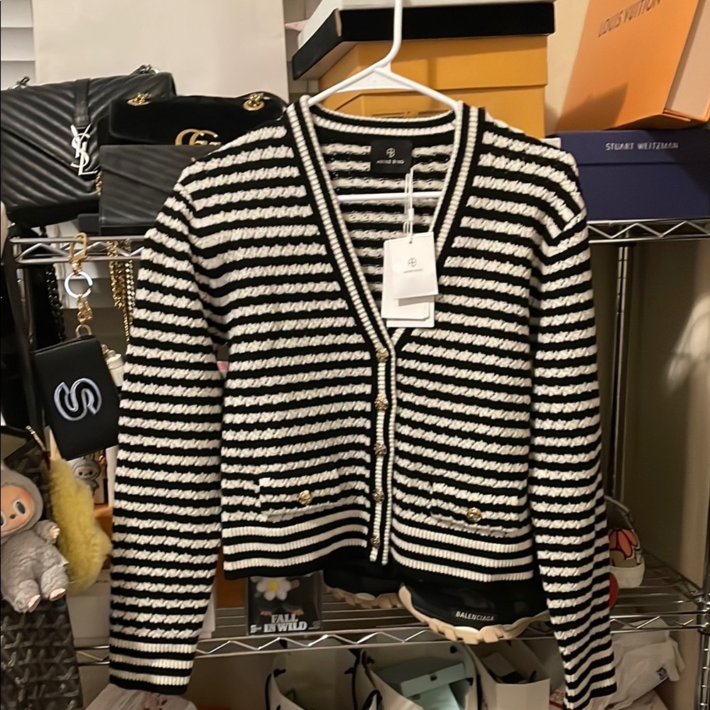 Anine Bing Gwen Black & White Striped Knit Cardigan